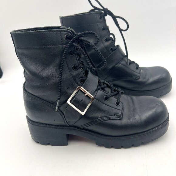 Double-H Y2K Vintage Black Leather Chunky Lace-up Combat Biker Boots Size 7.5 - Picture 1 of 10
